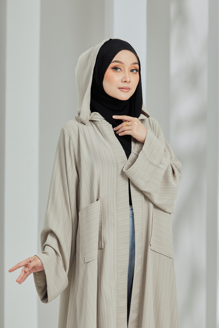 Helwa Khaki Stripes Hoodie Abaya