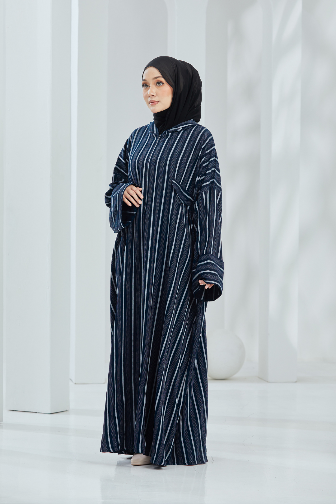 Deena Navy Striped Hoodie Abaya