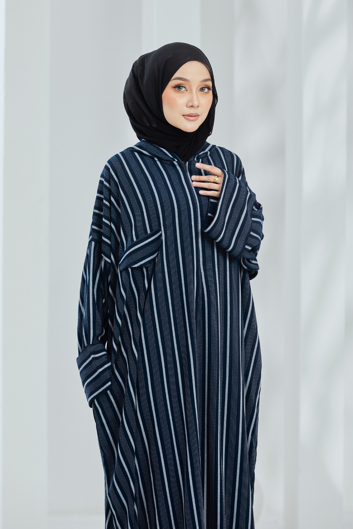 Deena Navy Striped Hoodie Abaya