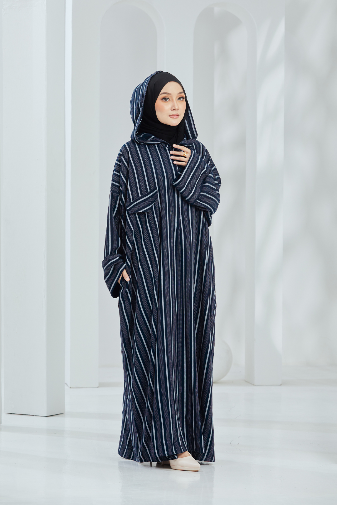 Deena Navy Striped Hoodie Abaya