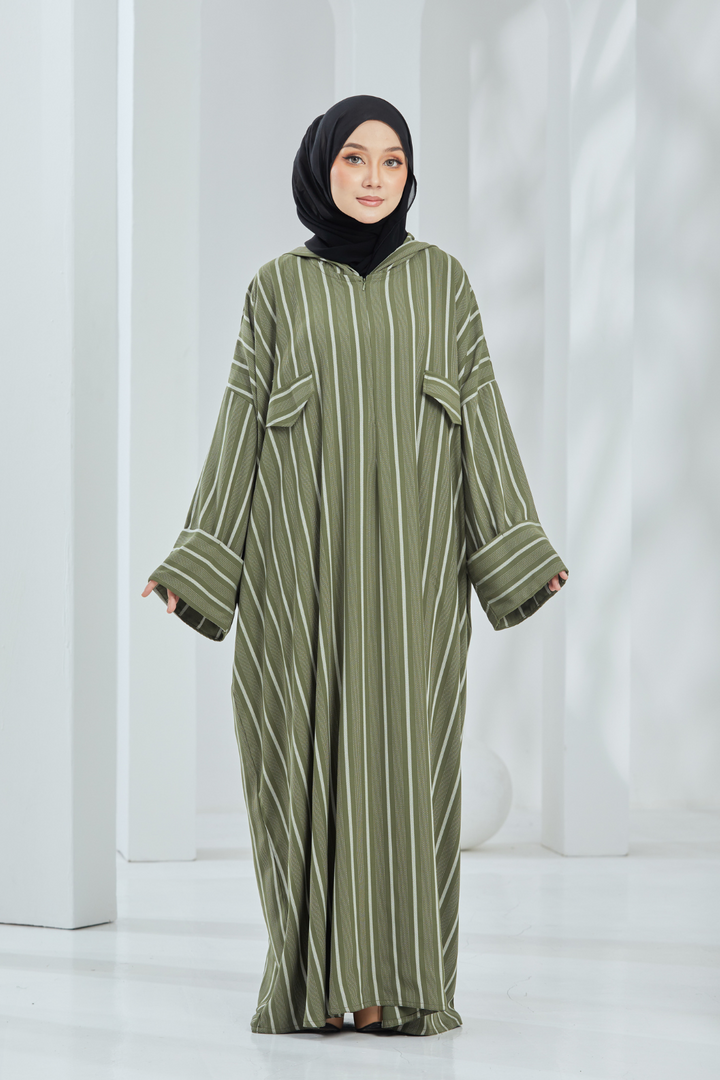 Deena Olive Striped Hoodie Abaya