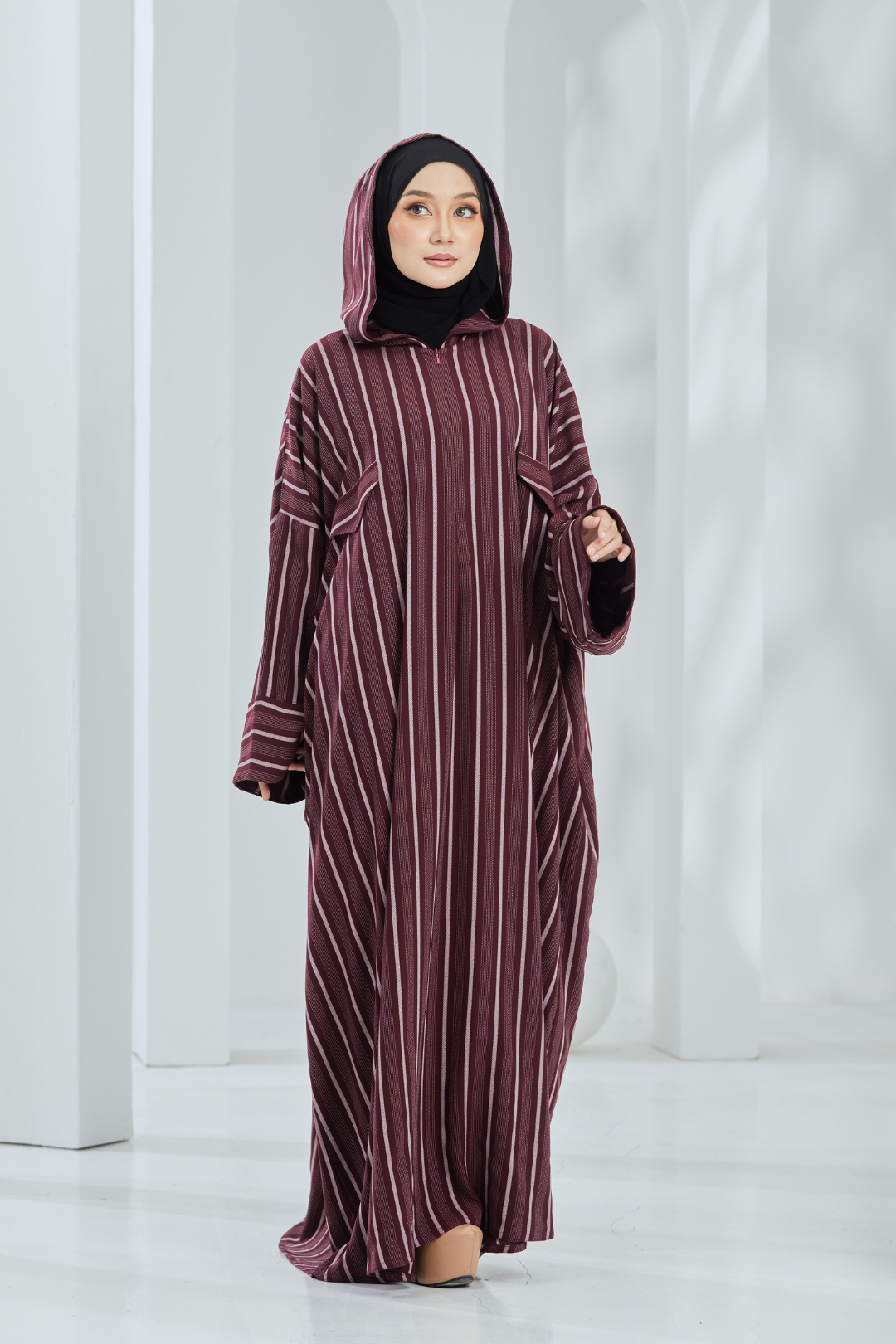 Deena Maroon Stripes Hoodie Abaya