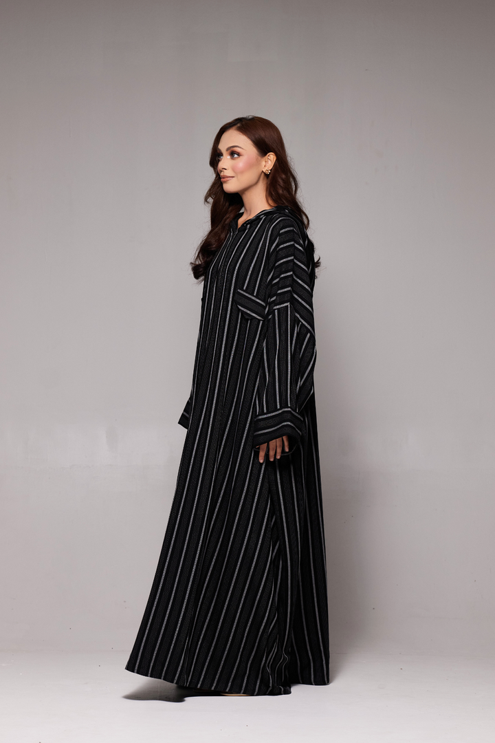 Deena Black Striped Hoodie Abaya