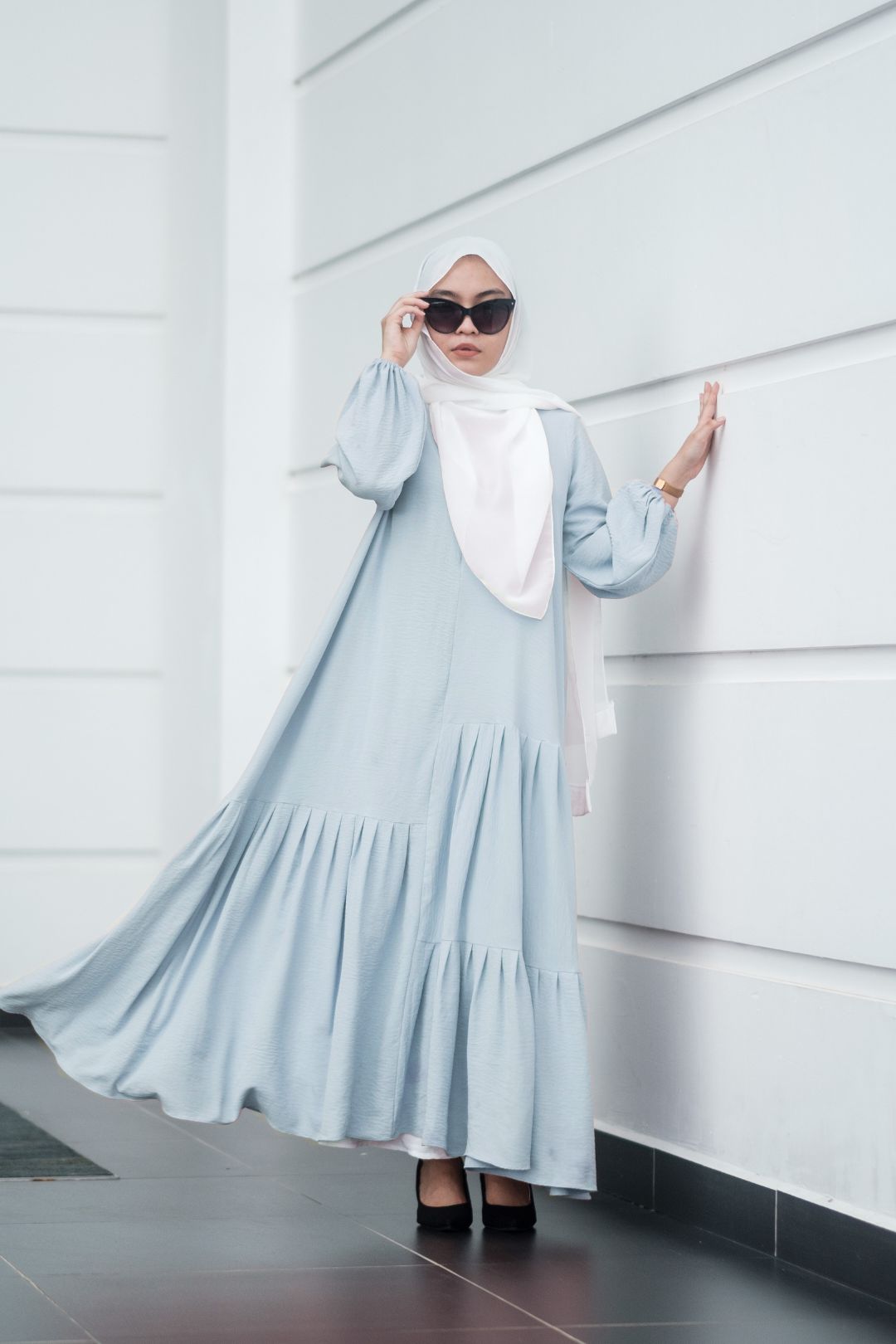 Joud Tiered Abaya in Light Blue