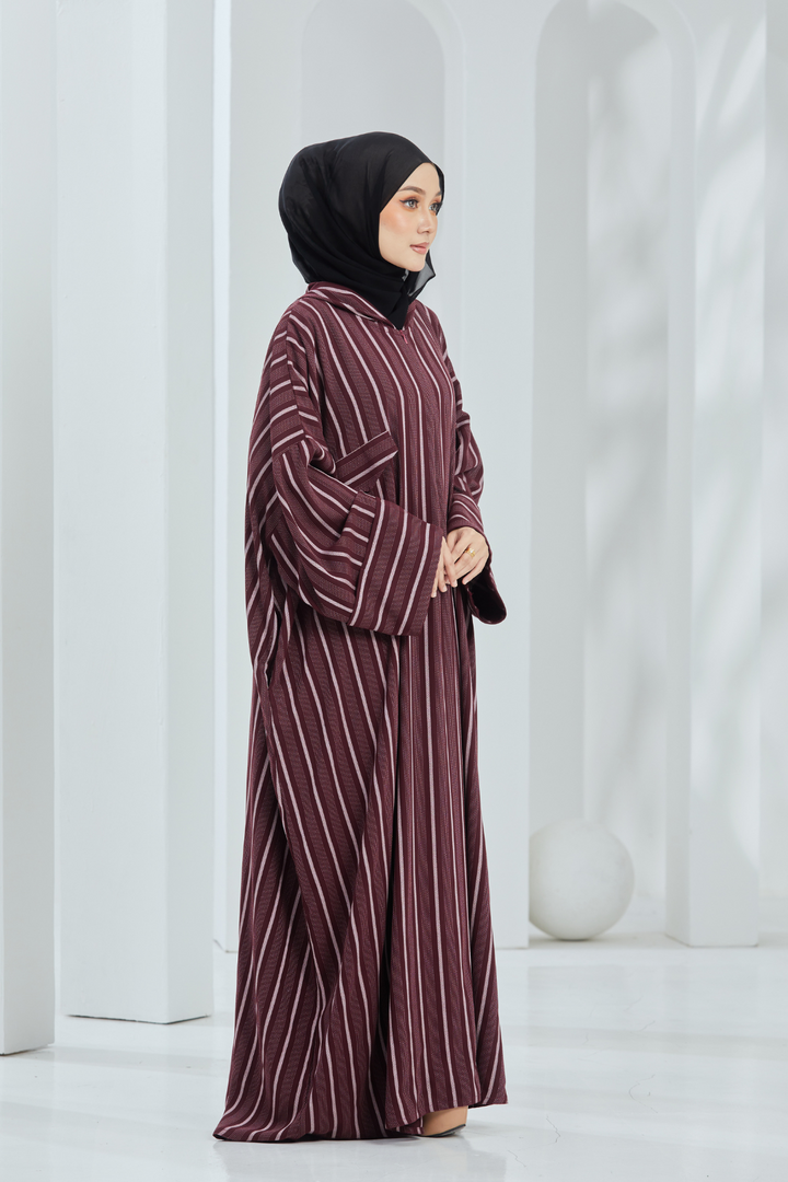 Deena Maroon Stripes Hoodie Abaya