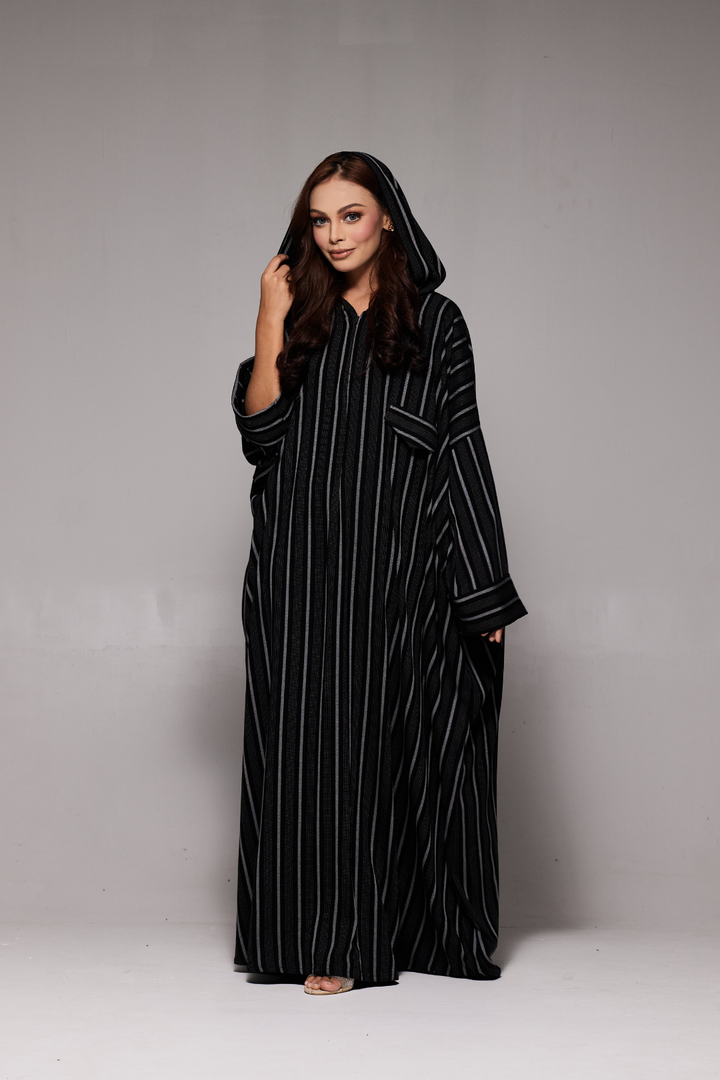 Deena Black Striped Hoodie Abaya