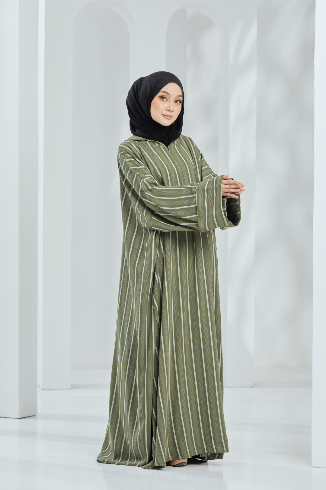 Deena Olive Striped Hoodie Abaya