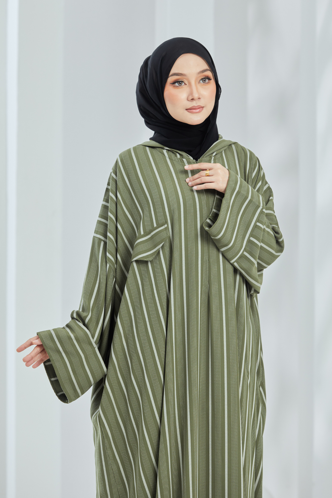 Deena Olive Striped Hoodie Abaya