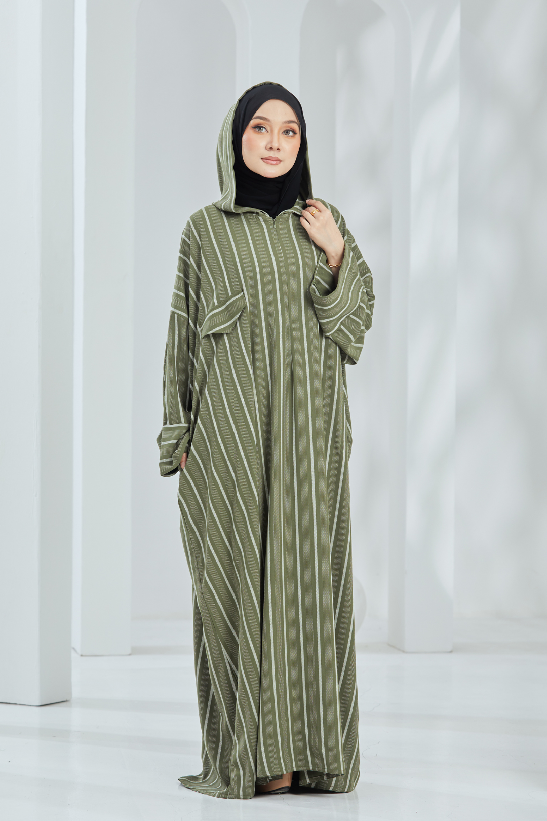 Deena Olive Striped Hoodie Abaya