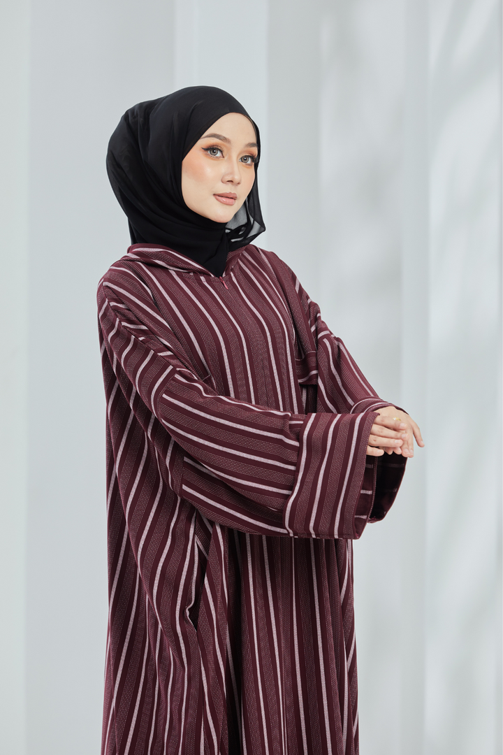 Deena Maroon Stripes Hoodie Abaya