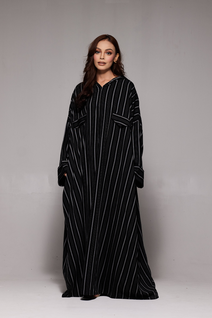 Deena Black Striped Hoodie Abaya