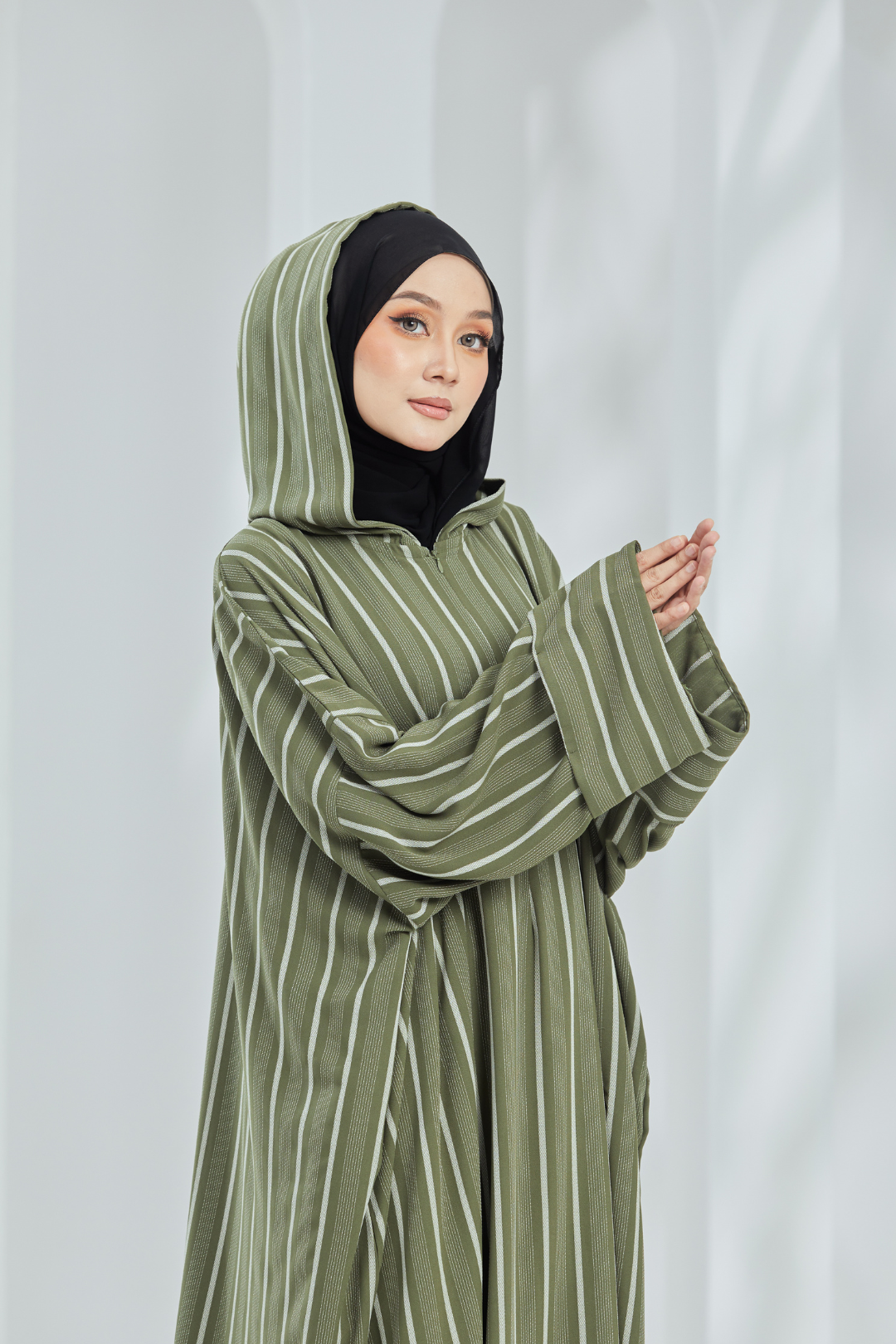 Deena Olive Striped Hoodie Abaya