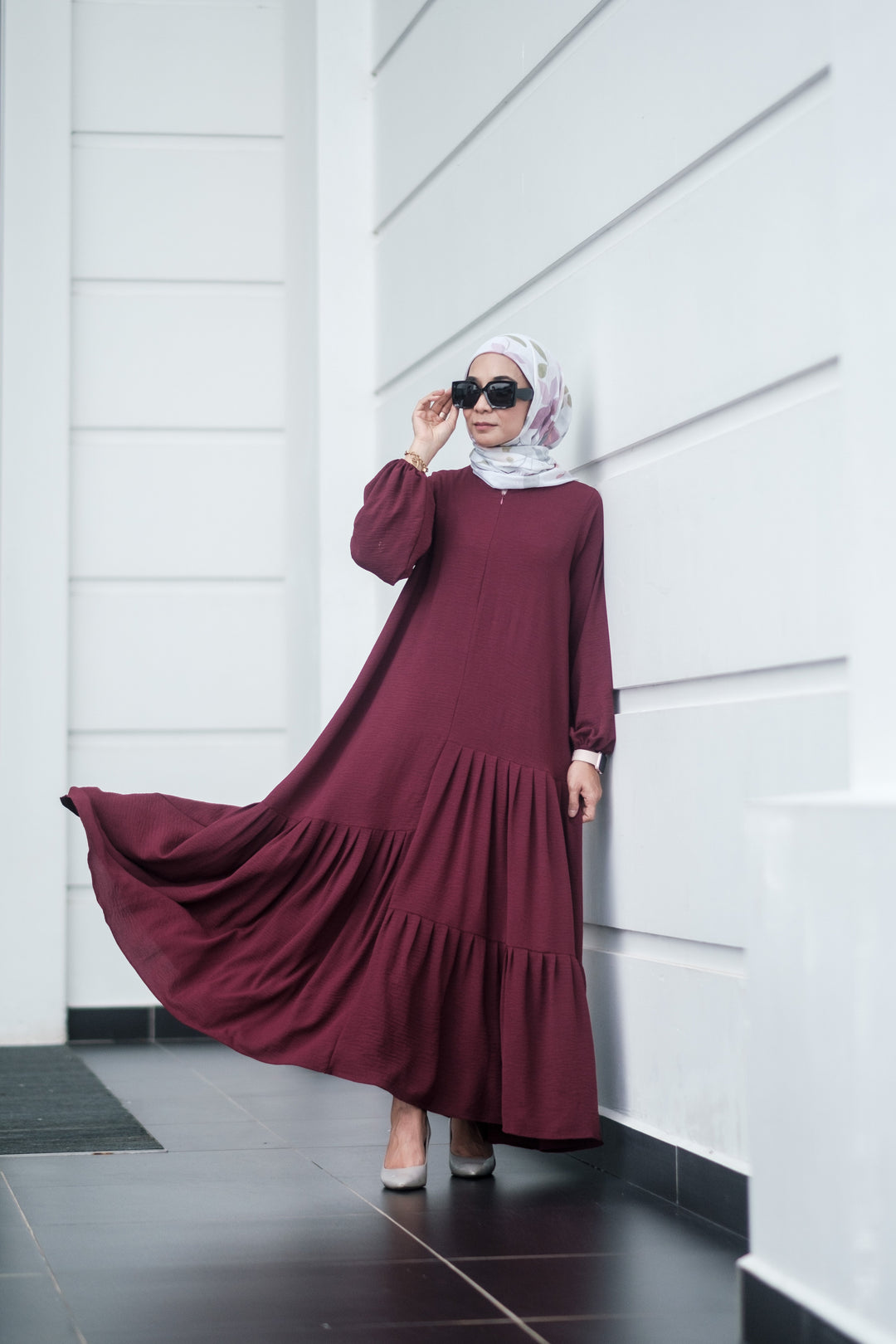 Joud Tiered Abaya in Berry