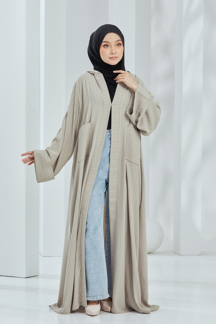 Helwa Khaki Stripes Hoodie Abaya