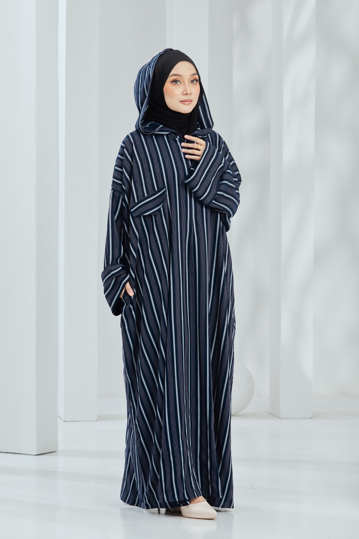 Deena Navy Striped Hoodie Abaya