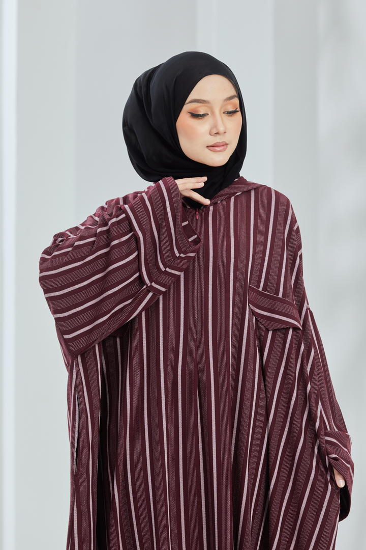 Deena Maroon Stripes Hoodie Abaya