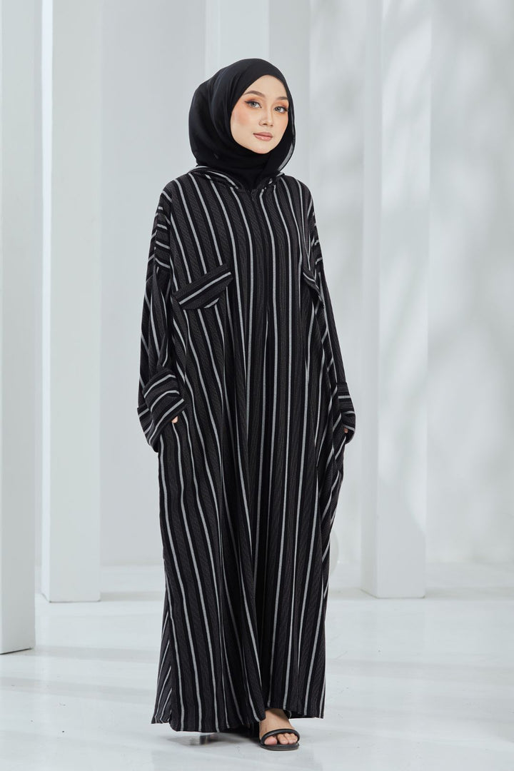 Deena Black Striped Hoodie Abaya